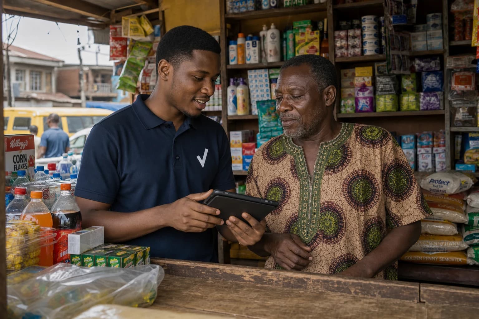 TruthVein field operator reviewing tablet data with a neighbourhood shopkeeper