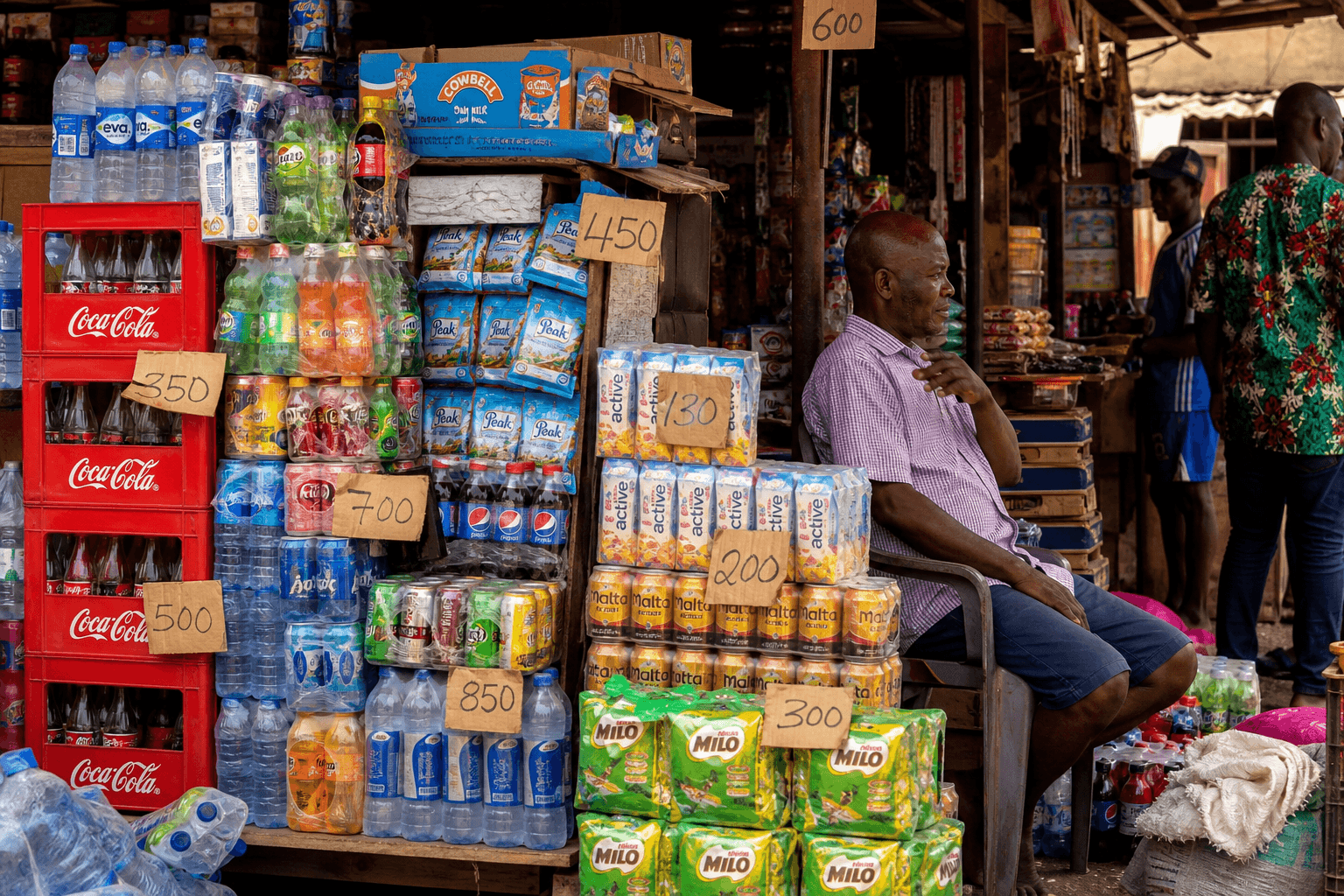 Beverage and soft-drink crates stacked at a Nigerian informal retail market stall