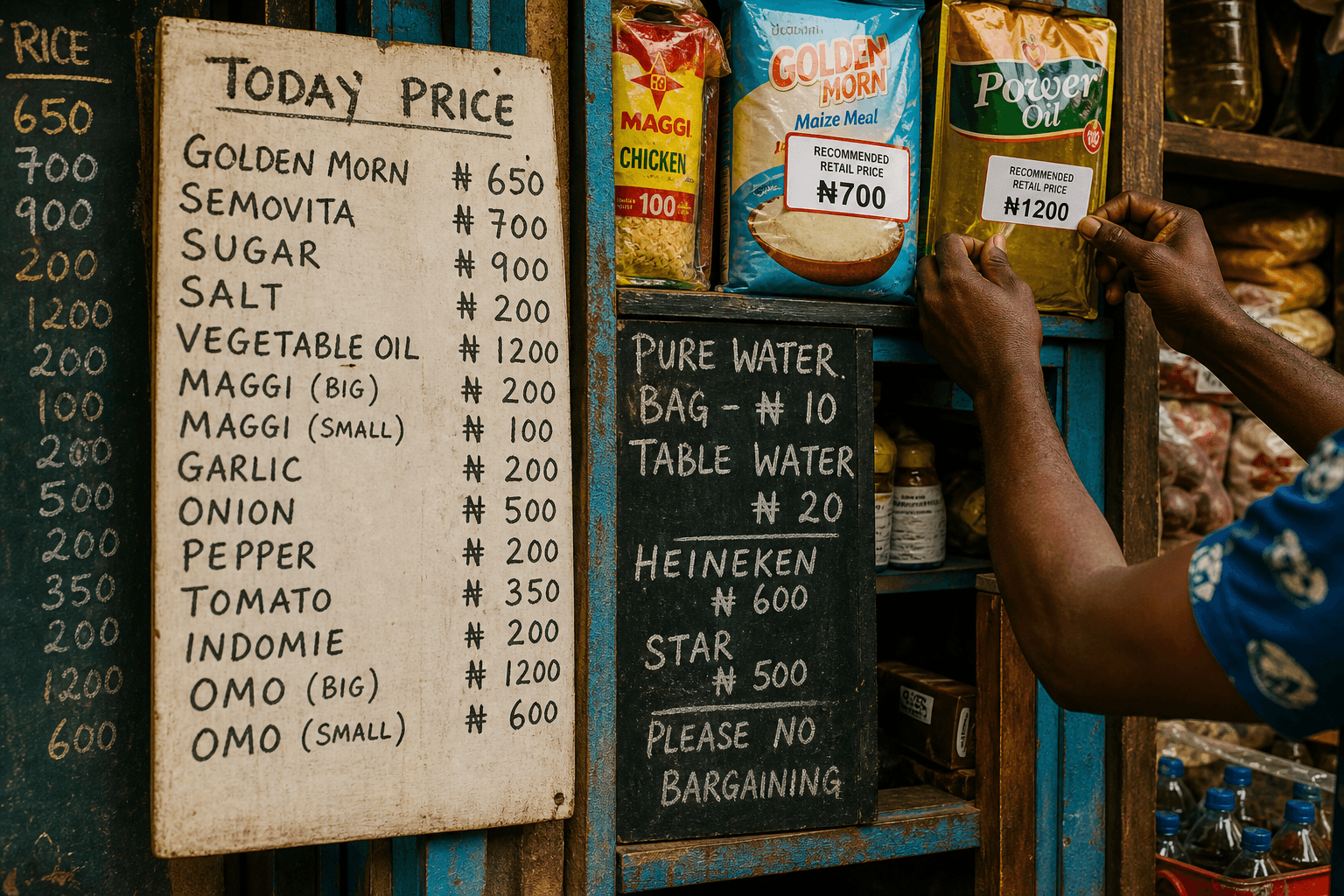Handwritten street price boards next to packaged goods at a Nigerian market stall