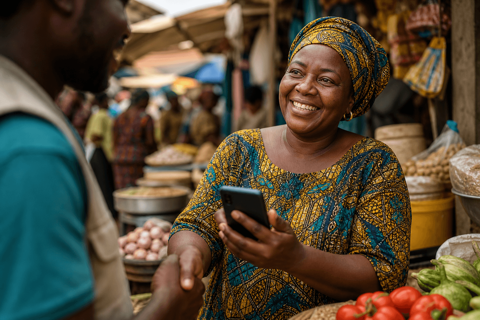 Market trader smiling while reporting field data on a smartphone