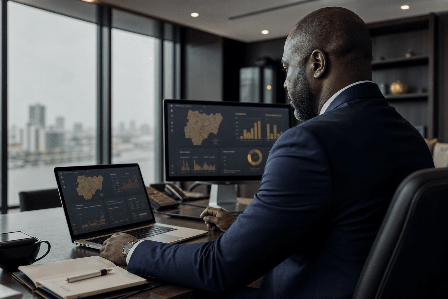 Commercial executives reviewing market intelligence on screen