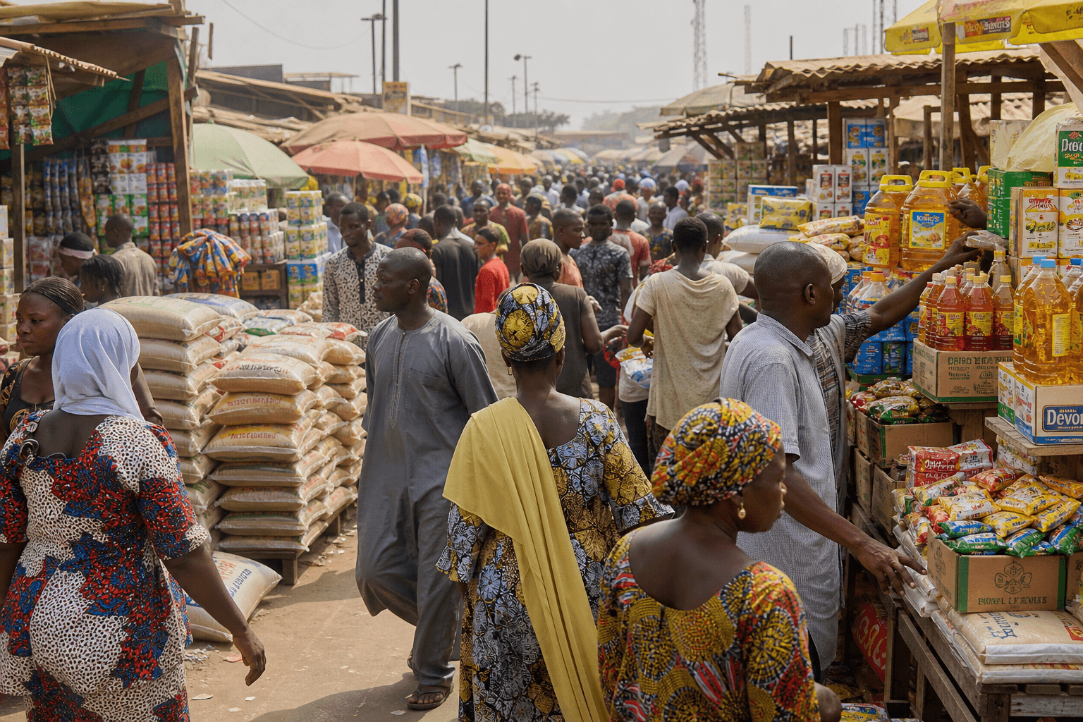 Busy Nigerian informal market with traders and shoppers