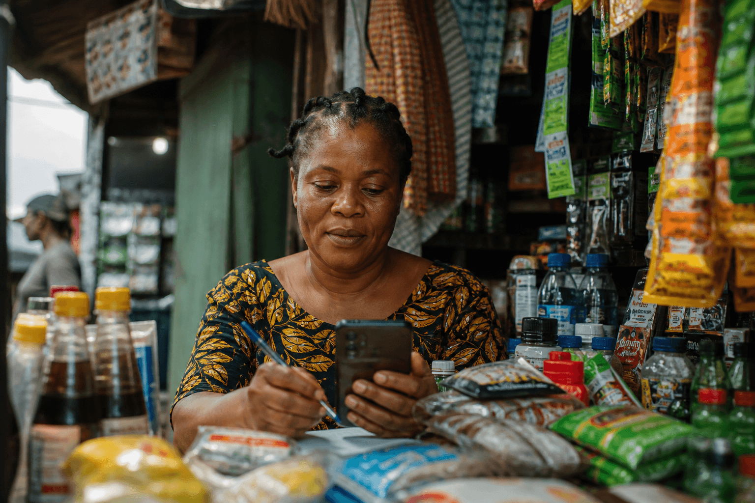 Nigerian woman trader documenting stock and pricing from a Lagos market stall